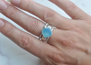 One off, limited edition designs. By Clare Quinlan. Aquamarine cushion cut stone set on a chunky sterling silver band.